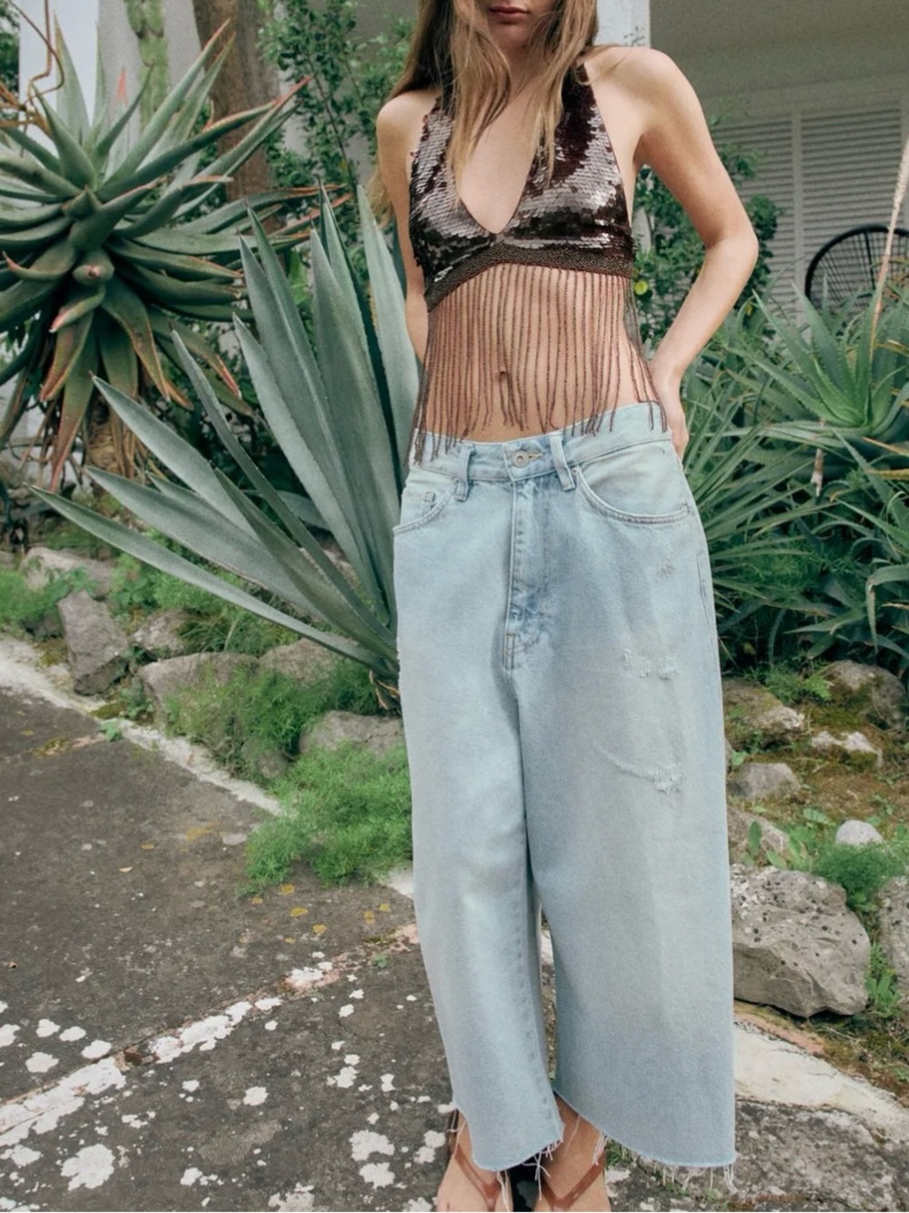 NWT ZARA FRINGED SEQUIN CROP TOP